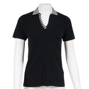 Akris Punto Knit Polo Blouse Top Shirt Black And White Striped Crochet Small S